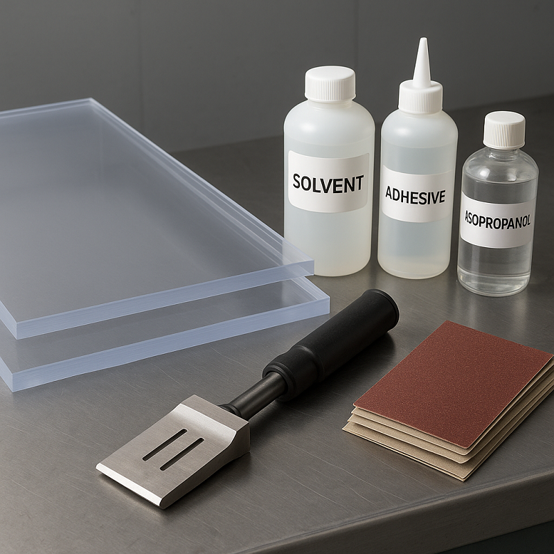 Polycarbonate sheets and bonding tools on industrial workbench
