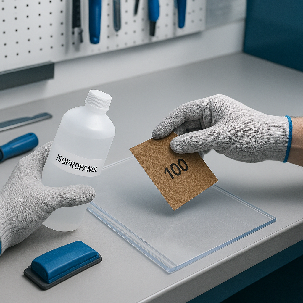 Surface preparation for polycarbonate bonding with isopropanol and sandpaper