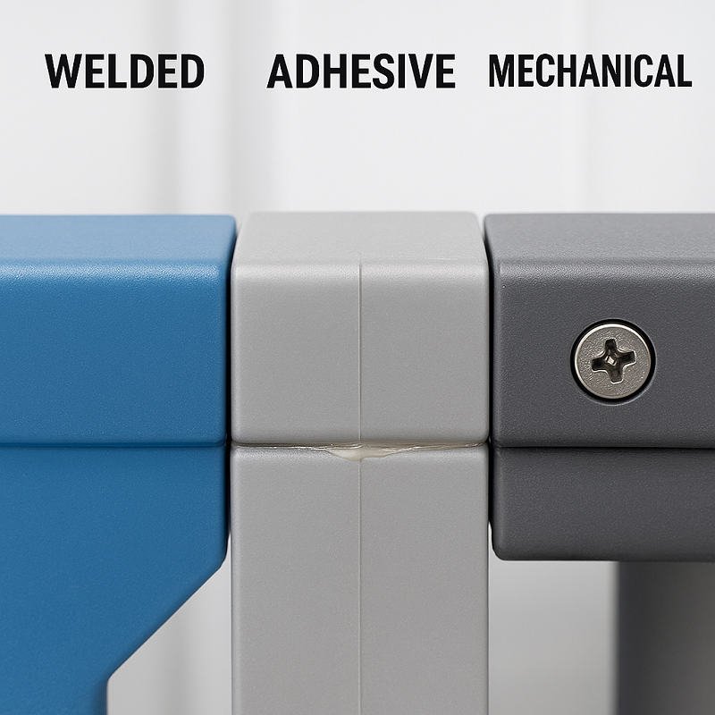 A side-by-side comparison of welding with adhesives and mechanical fasteners highlights the advantages of welding