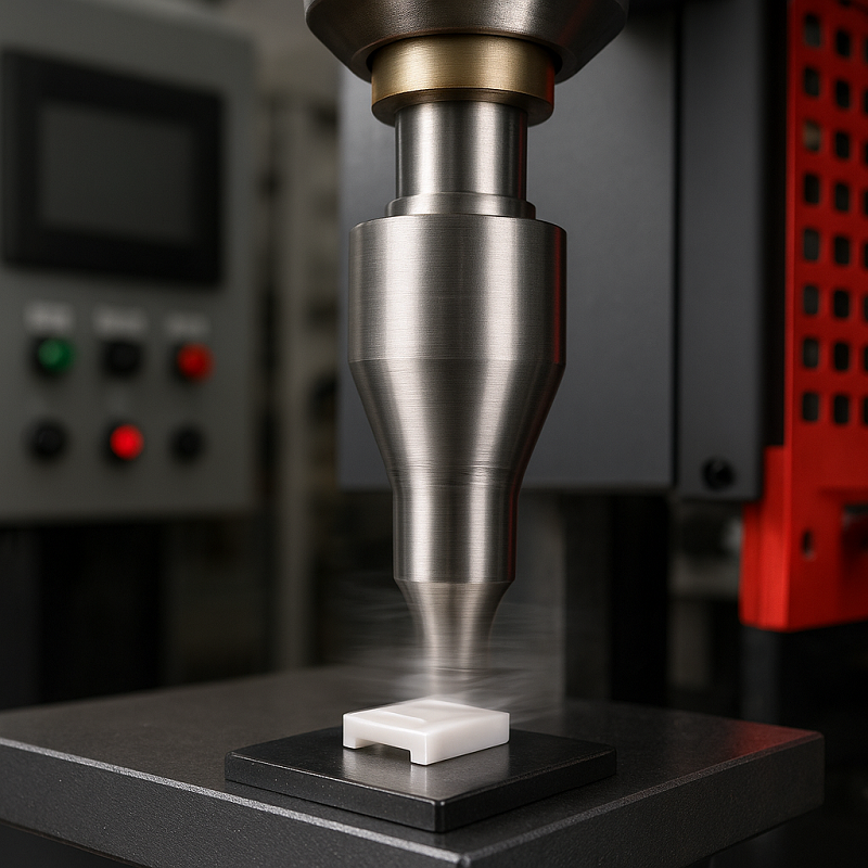 During operation, the ultrasonic plastic welding machine displays high-frequency vibration and component fusion