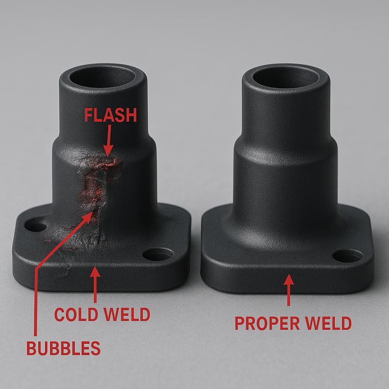 Comparison of defective and proper ultrasonic welds on nylon parts