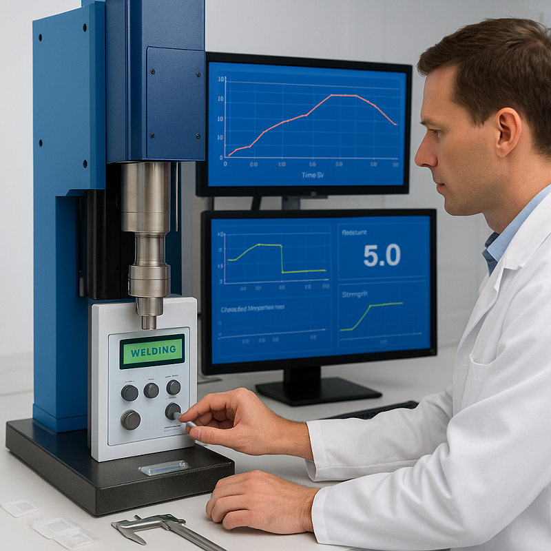 Monitoring plastic welding parameters in the laboratory, displaying real-time data and quality control
