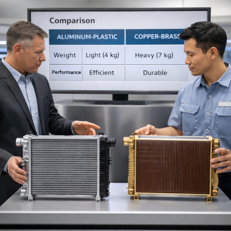 Party A and the supplier evaluate the comparison data between aluminum and plastic and traditional radiators in the exhibition hall
