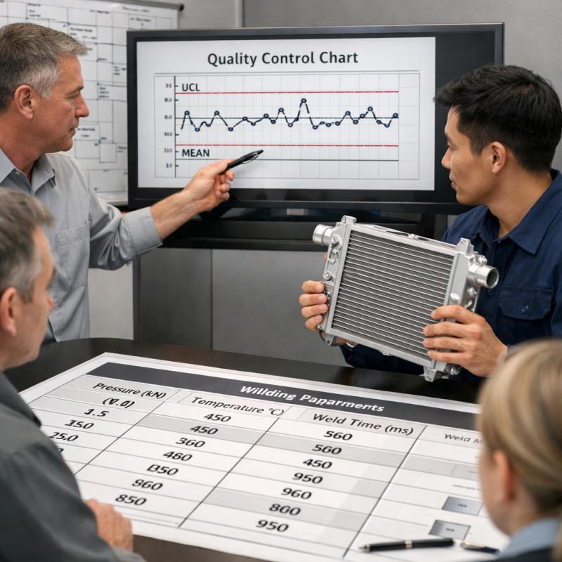 The team analyzes the welding parameter table and quality control report in the conference-room