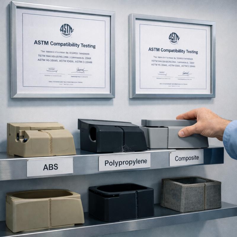 Material compatibility test certificate with sample display wall