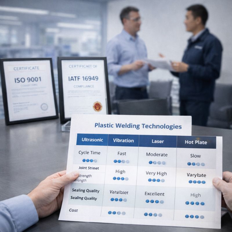 The technical comparison table is displayed side by side with the ISO certificate on the conference table