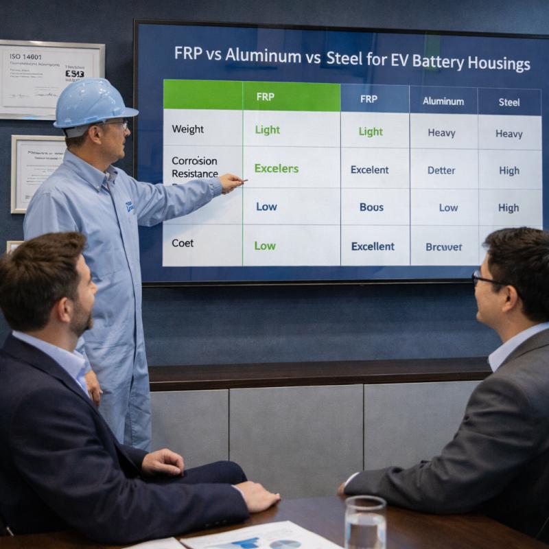 The data wall displays FRP aluminum and steel performance comparison charts and industry certificates