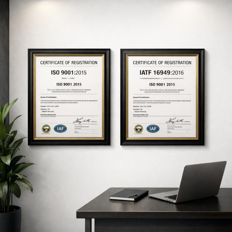 ISO 9001 and IATF 16949 certificate display wall