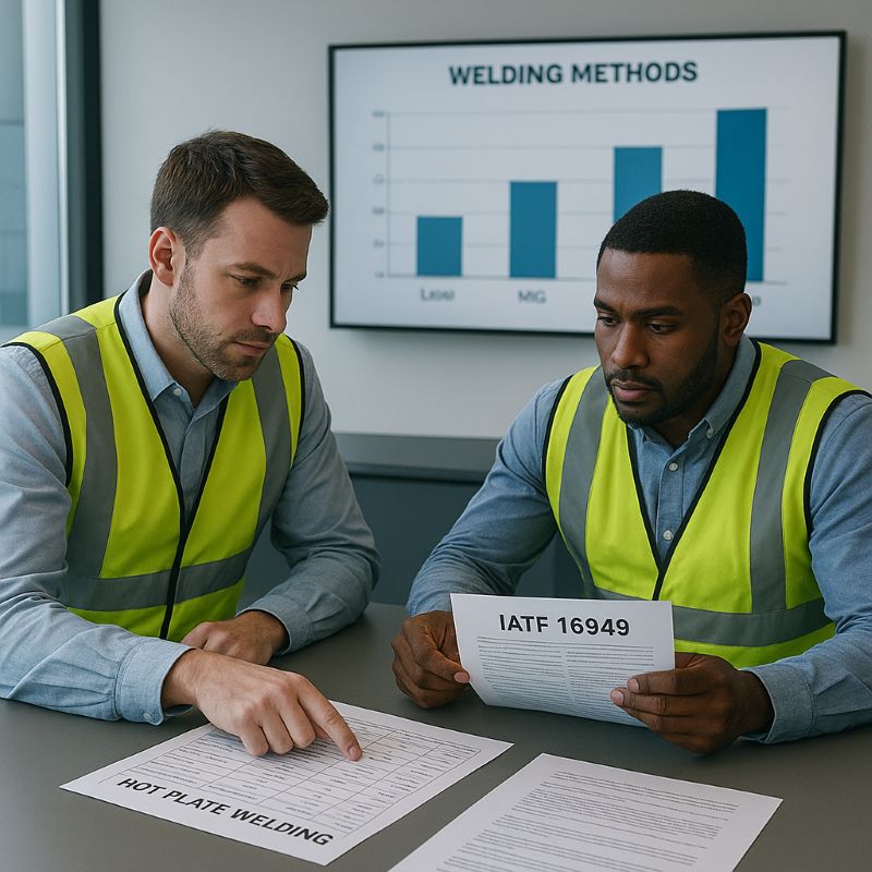 Engineers analyze hot plate welding data sheets and IATF 16949 compliance documents in a conference room