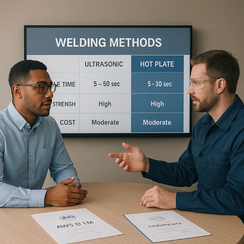 Hot plate welding comparison data sheets are discussed in the cooperation meeting