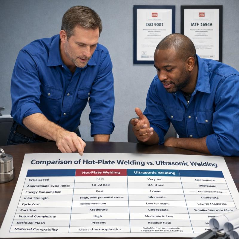 Engineers are discussing a data comparison table for hot plate welding vs ultrasonic welding