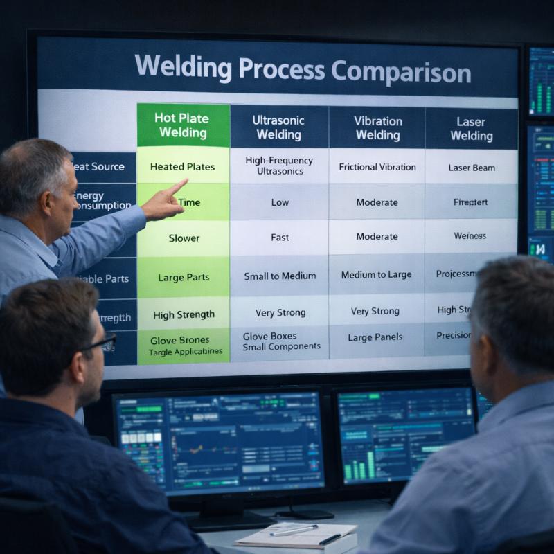 The team analyzes the data chart of the welding method in the control room
