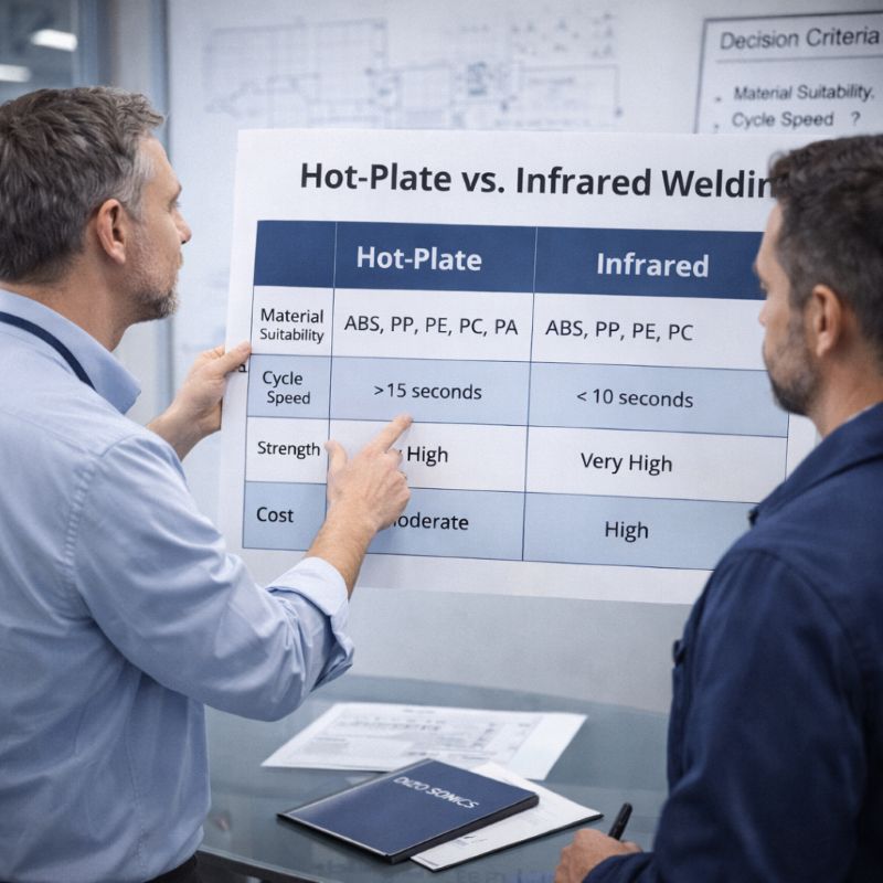 Hot plate welding vs infrared welding comparison display board