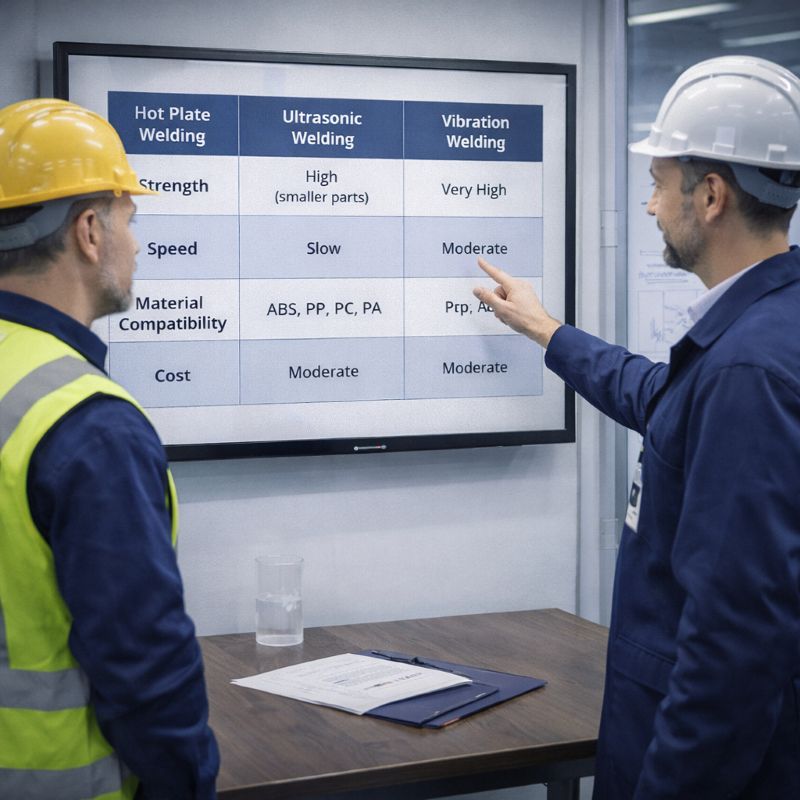 Team members in the conference room analyze the hot plate welding technology comparison table