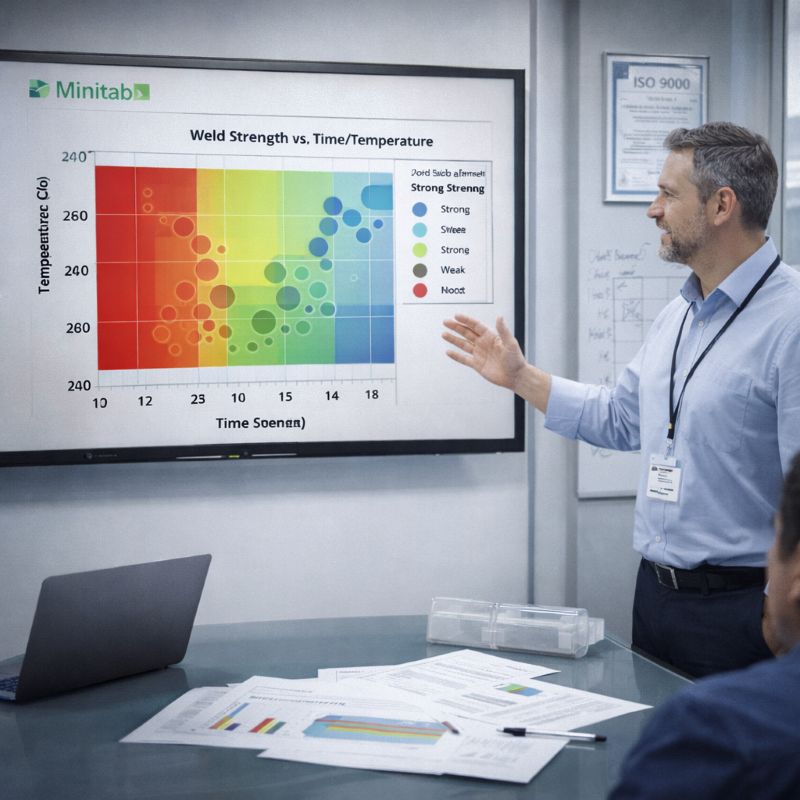 Engineers show hot plate welding parameter optimization data charts in the conference room