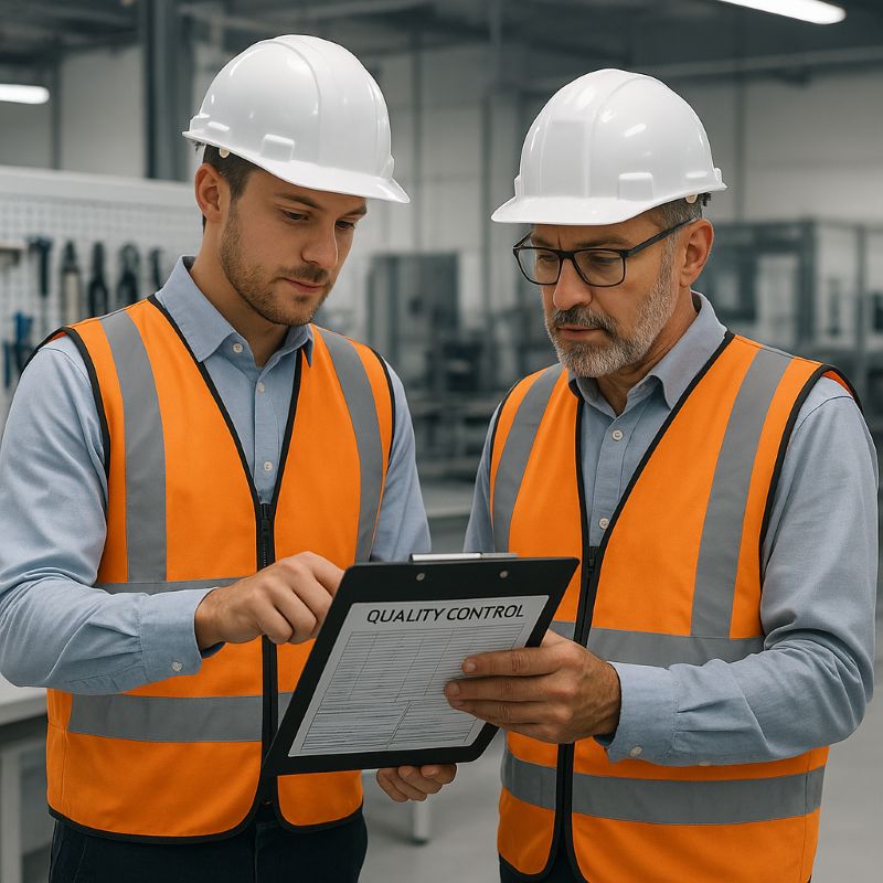 Engineers discuss welding quality reports with customers