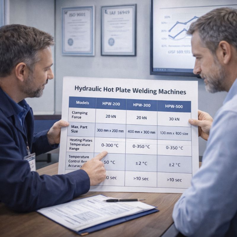 Engineers and customers discuss cooperation plans around welding specification sheets and ISO certificates