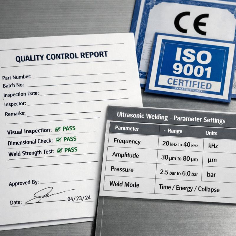 Ultrasonic welding process parameter table and quality control certificate display
