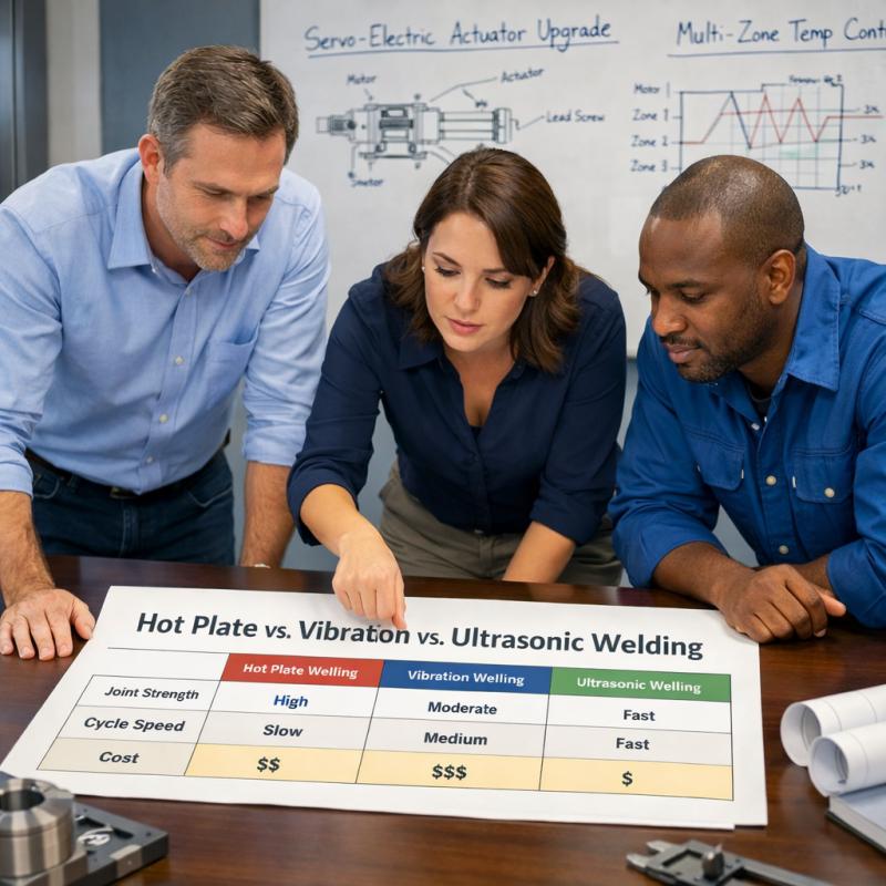 The engineering team reviews technical comparison forms and equipment upgrade options in the conference room