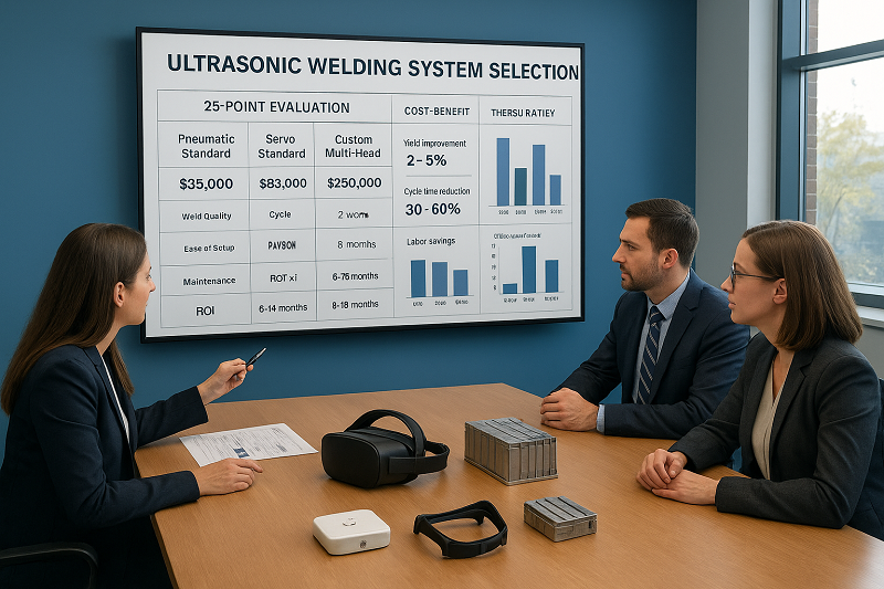 Engineering team evaluating ultrasonic welding system selection with ROI analysis