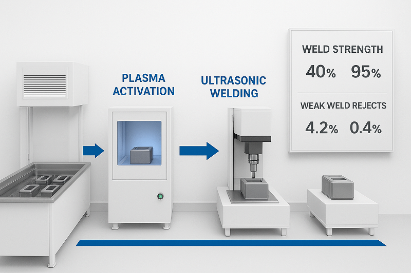 Integrated ultrasonic cleaning and plasma activation system before welding
