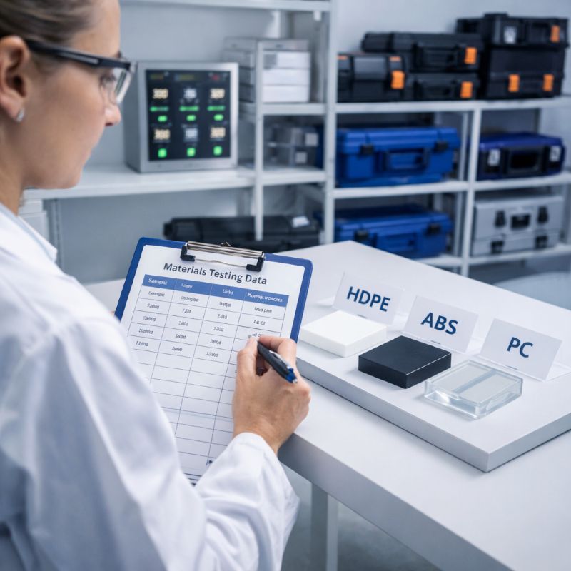 Engineers record material performance data sheets in the lab