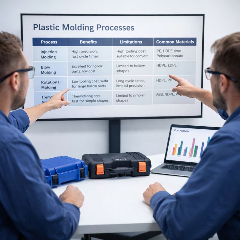 Engineers view a manufacturing process comparison table in a conference room