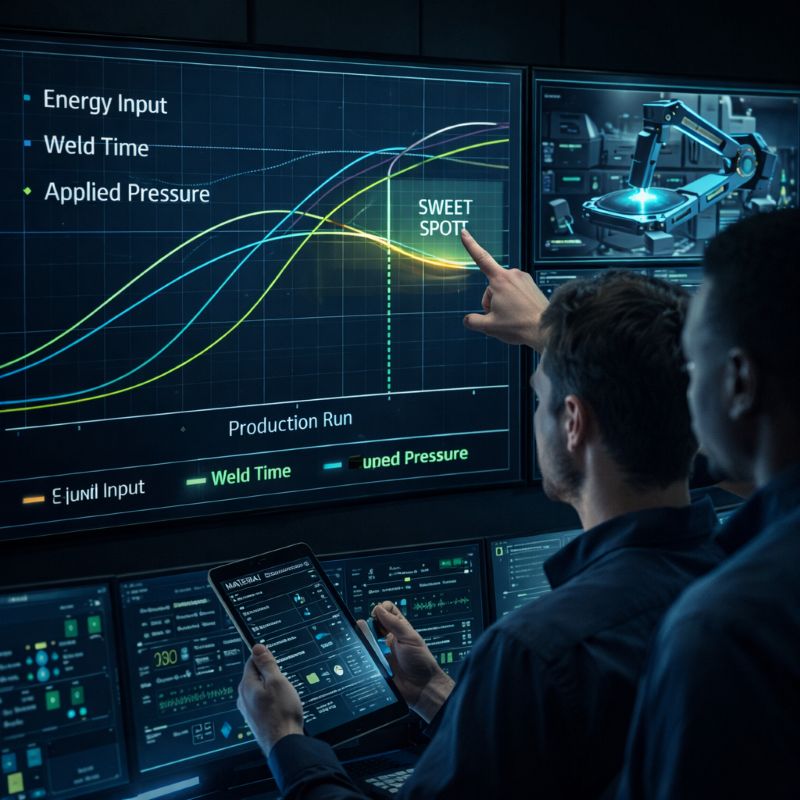 The team of engineers discusses the core parameters of plastic welding in front of the large screen in the control room