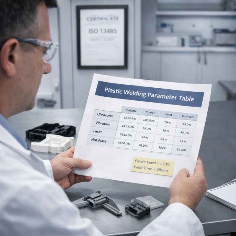 Engineers consult plastic welding parameter forms and ISO certification certificates in the laboratory
