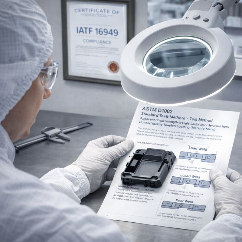 The quality inspector compares the ASTM standard and IATF 16949 certificate next to the welded parts