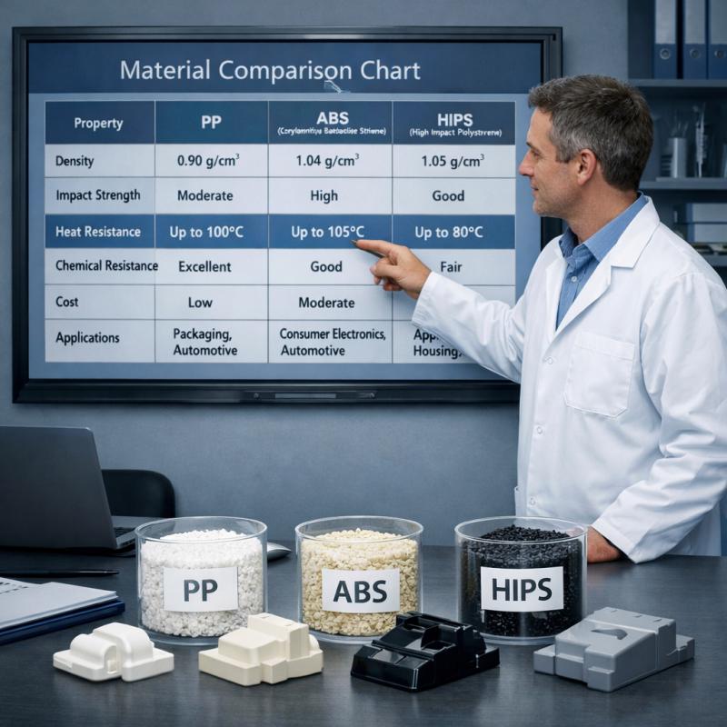 Engineers review plastic performance comparison tables and material samples during meetings