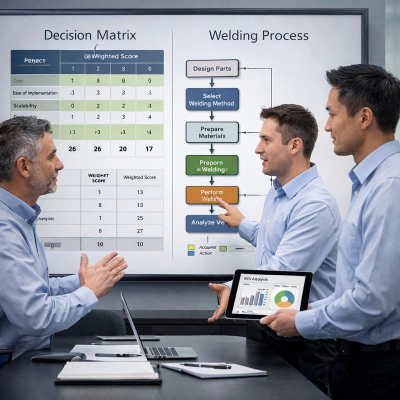 The team discusses the welding decision matrix and process flow diagram in the conference room