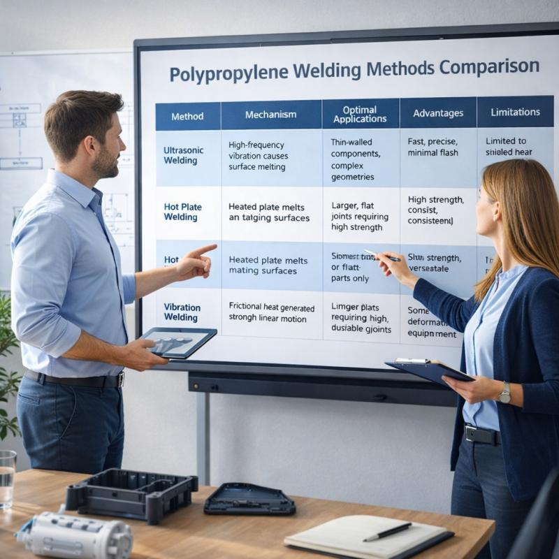 Engineers evaluate polypropylene welding methods in a conference room