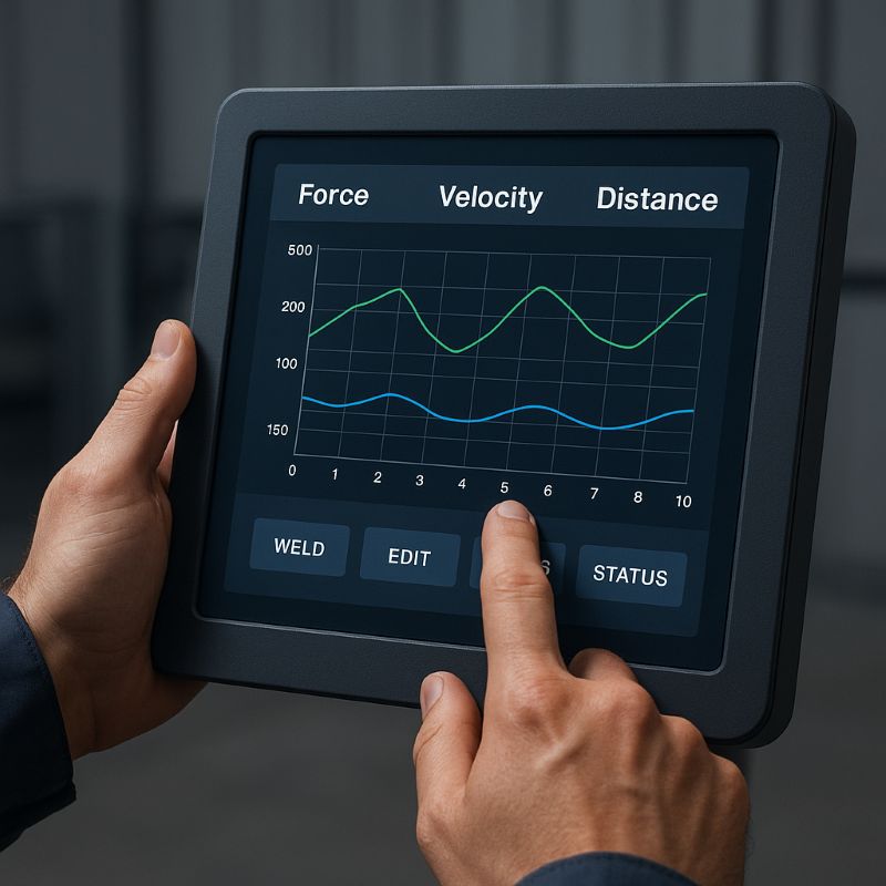Engineers adjust the welding parameter curve on the touch screen