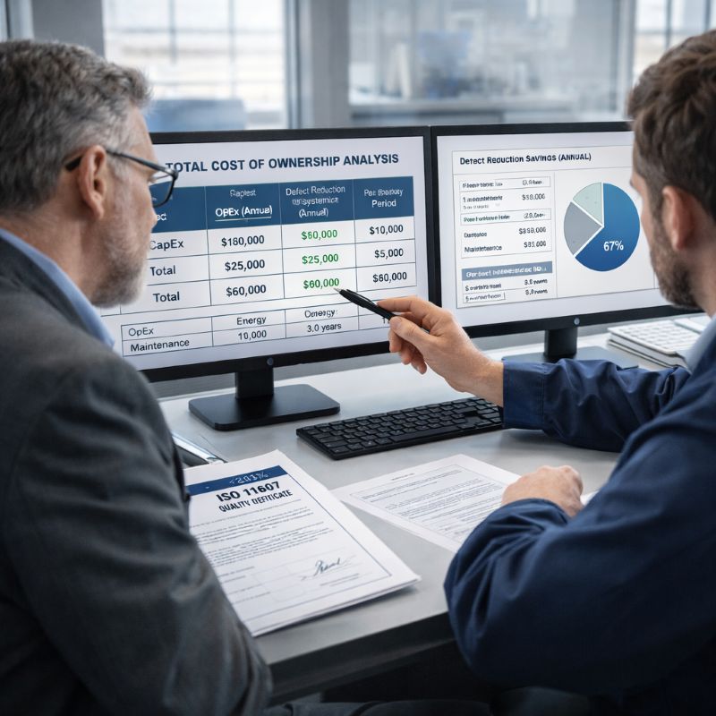 Financial analysts discuss the TCO and ROI spreadsheet of thermal contact soldering systems with production managers
