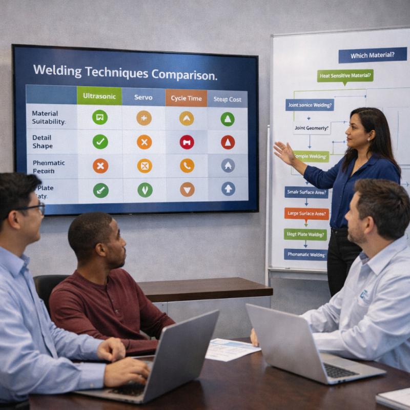 The technical team discusses the welding technology comparison table and decision flow chart in the conference-room