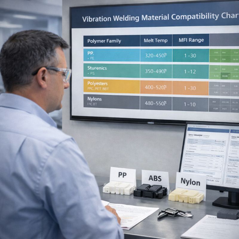 Engineers analyze vibration welding material compatibility charts and data sheets in a modern-office