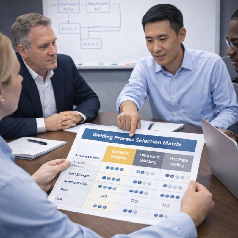 The cross functional team reviews the welding process comparison table and decision flow chart in the meeting