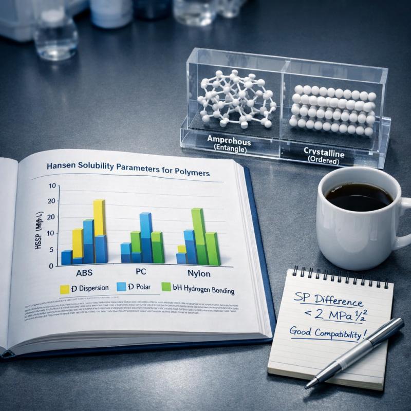 3D bar diagram and molecular structure model of the polymer Hansen solubility parameters are shown