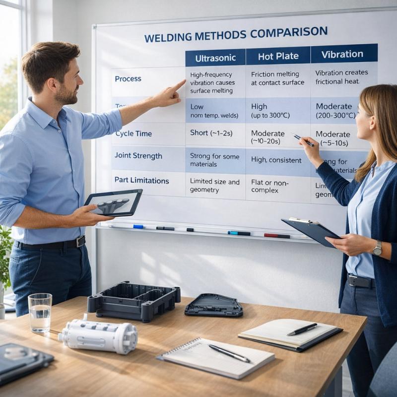 The team of engineers discusses plastic welding method selection in the conference room